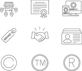 Vector icons of intangible assets. Editable stroke. Business set symbols patents copyright franchises goodwill trademarks brand self-developed.