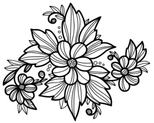 Floral pattern. Decorative flower arrangement, bouquet of plants and flowers, branches and leaves. Vector illustration. Black line, outline. for printing, decor, design and postcards