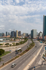 Aerial view of downtown Luanda, bay , Cabo Island and Port of Luanda, marginal and central buildings, in Angola