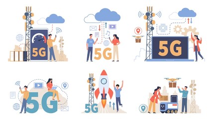 People using 5g. Users of network options, urban wireless technologies, high speed environment, transmitter towers, smart city, men and women with digital gadgets and devices vector set