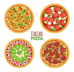 Top view pizza. Different toppings on round tortillas, italian national cuisine fast food cooking, homemade or restaurant traditional pepperoni and margarita, vector isolated set