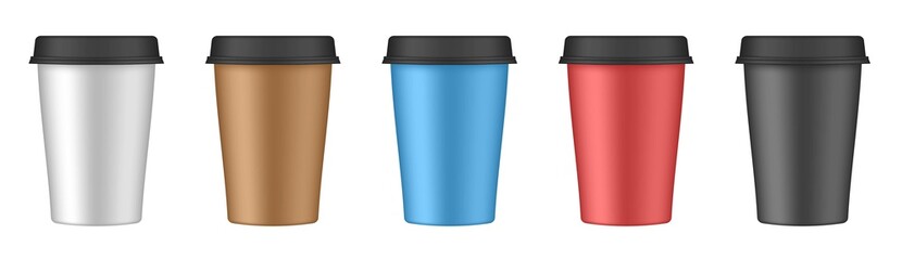 Realistic set of paper coffee cups. Coffee to go. Take away. White, red, green, black paper cups, a blank brown container with lid for latte, mocha, cappuccino, or tea drinks