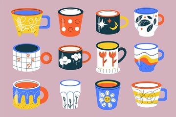 Trendy cups. Beautiful tea and coffee mugs, color patterned crockery, cute hot morning drinks ceramics, different designs cozy tableware, trendy colors, vector cartoon flat isolated set