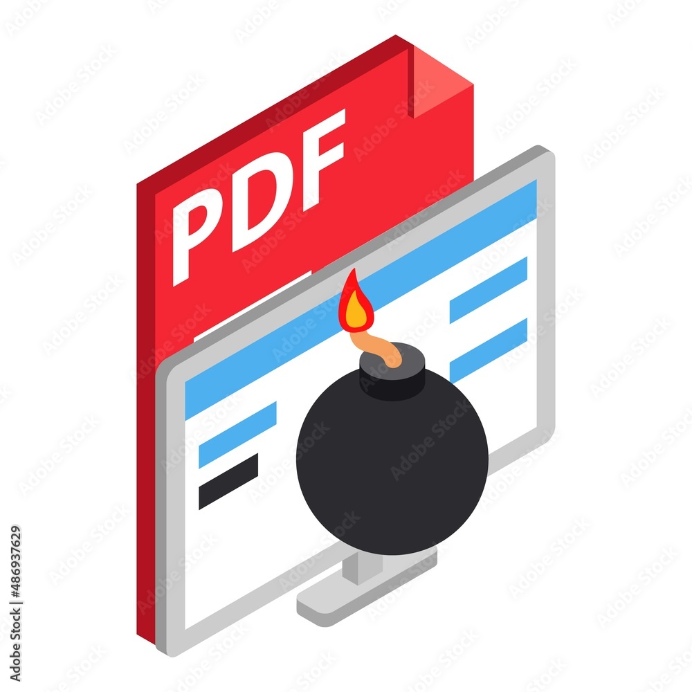 Poster cyber attack icon isometric vector. bomb on computer monitor, pdf file format. internet security, cy