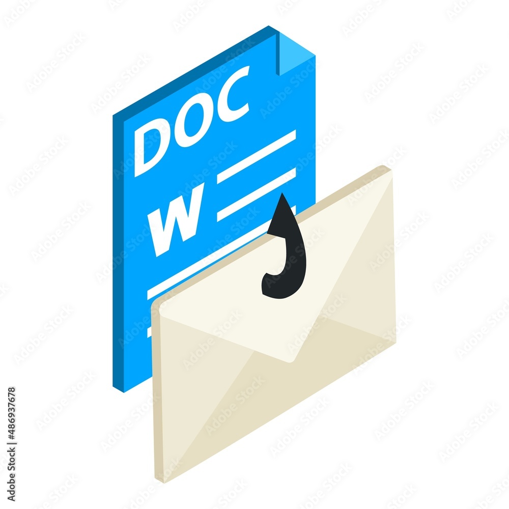 Poster phishing icon isometric vector. hooked closed mail envelope and doc file format. scam mail, web phis