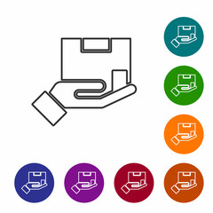 Black line Delivery insurance icon isolated on white background. Insured cardboard boxes beyond the shield. Set icons in color circle buttons. Vector.