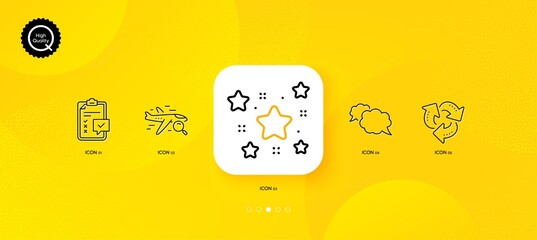 Fototapeta na wymiar Messenger, Stars and Search flight minimal line icons. Yellow abstract background. Recycle, Checklist icons. For web, application, printing. Speech bubble, Twinkle stars, Find travel. Vector