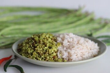 Long beans and boiled mung thoran. A vegetarian side dish of kerala meals served along with boiled brown rice.