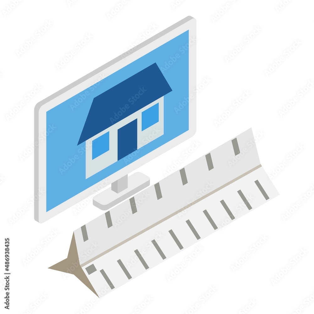 Poster house project icon isometric vector. building on monitor and three sided ruler. construction and eng