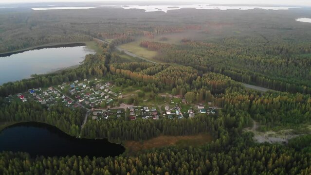 Aerial view of village in forest in Karelia
