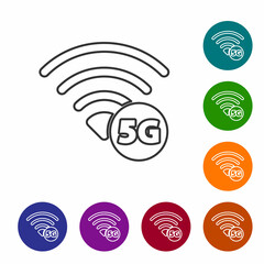 Black line 5G new wireless internet wifi connection icon isolated on white background. Global network high speed connection data rate technology. Set icons in color circle buttons. Vector