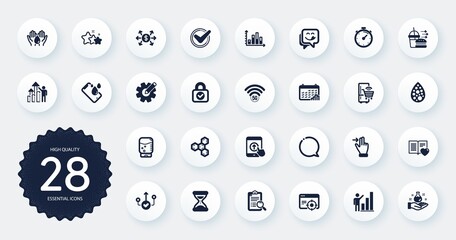 Set of Technology icons, such as Security lock, Water cooler and Stars flat icons. Time, Calendar graph, Search analysis web elements. Artificial colors, Correct way, Timer signs. Vector