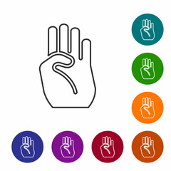 Black line Indian symbol hand icon isolated on white background. Set icons in color circle buttons. Vector