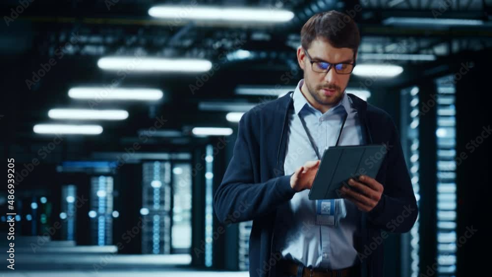Aufkleber Successful Data Center IT Specialist Using Tablet Computer. Server Farm Cloud Computing Facility with System Administrator Working. Data Protection Engineering Network for Cyber Security.