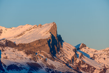 La Chaine des Fiz at sunset in Europe, France, Rhone Alpes, Savoie, Alps, in winter, on a sunny day.