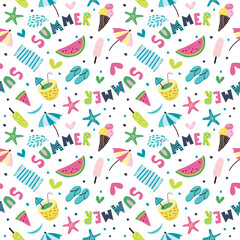 Seamless pattern with the inscription summer. Summer background with whale, ice cream, umbrellas, ships, beach, flip-flops, cocktail, towel and hearts.