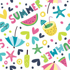 Seamless pattern with the inscription summer. Summer background with whale, ice cream, umbrellas, ships, beach, flip-flops, cocktail, towel and hearts.