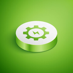 Isometric Gear and lightning icon isolated on green background. Electric power. Lightning bolt sign. White circle button. Vector