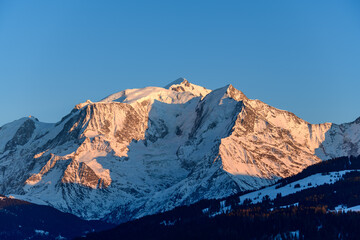 The Mont Blanc massif and its fir forests in Europe, in France, Rhone Alpes, in Savoie, in the Alps, in winter.
