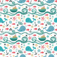 Fototapeta na wymiar Seamless pattern with cute whales, waves and ships.
