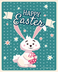 Happy Easter poster retro. Greeting card with rabbit, bunny, egg. Vector illustration vintage
