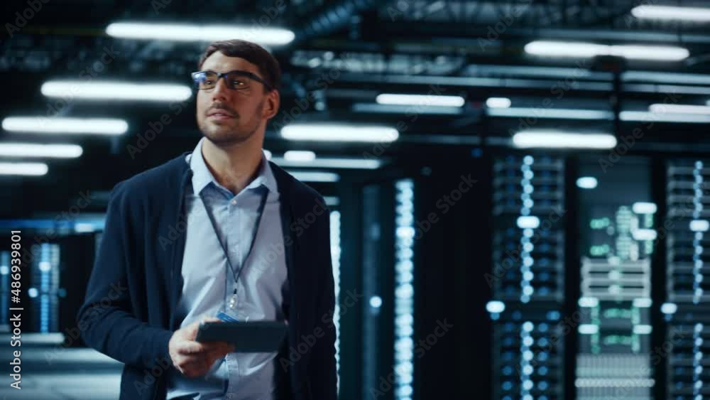 Aufkleber Male IT Specialist Walks Between Row of Operational Server Racks in Data Center. Engineer Uses Tablet Computer for Maintenance. Concept for Cloud Computing, Artificial Intelligence, Cybersecurity.
