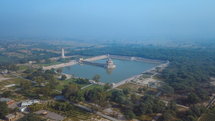 Aerial View to the Hiran Minar Mughal era complex in Sheikhupura, Punjab province, Pakistan