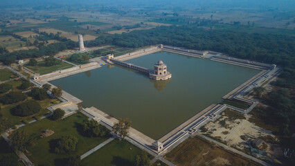 Aerial View to the Hiran Minar Mughal era complex in Sheikhupura, Punjab province, Pakistan