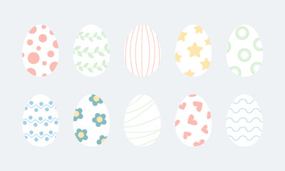 Set of decorated Easter eggs. Various ornaments hearts, stars, dots, lines, flower. Flat illustration in pastel colours for religious holiday. Orthodox easter food collection. Chicken eggs isolated.