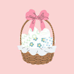 Fototapeta na wymiar Happy Easter greeting card. Cute cartoon Easter eggs in the basket with big bow. Wicker basket and beautiful napkin. Colorful spring hand drawn flat illustration.