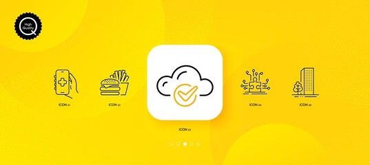 Fototapeta na wymiar Buildings, Puzzle options and Burger minimal line icons. Yellow abstract background. Cloud computing, Health app icons. For web, application, printing. Vector
