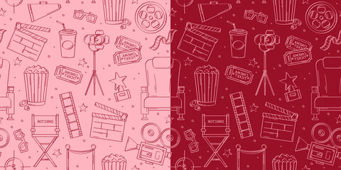 Hand drawn cinema pattern. Vector colorful seamless pattern with movie elements, line icons, popcorn, tickets, chair, reel, video camera, megaphone.Illustration for film industry, cinematography
