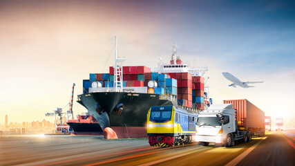 Global business logistics import export and container cargo freight ship, Airplane, container truck...