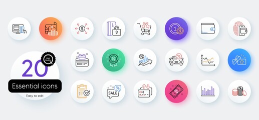 Simple set of Loan percent, Discounts bubble and Survey checklist line icons. Include Money wallet, Diagram chart, Blocked card icons. Cross sell, Wallet, Car leasing web elements. Vector