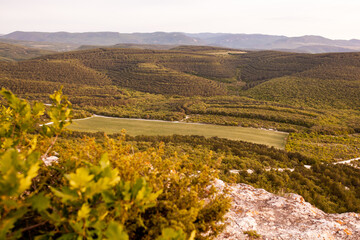 beautiful landscape of summer mountains and fields, nature at sunset