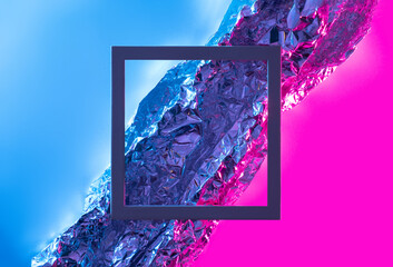 Aluminium foil surface with dark square frame.. Futuristic abstract background.