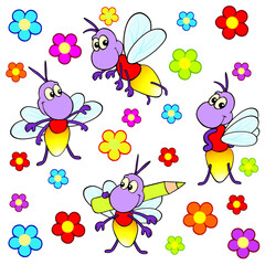 Cute cartoon fire fly set. Funny fire fly in different poses with flowers vector.