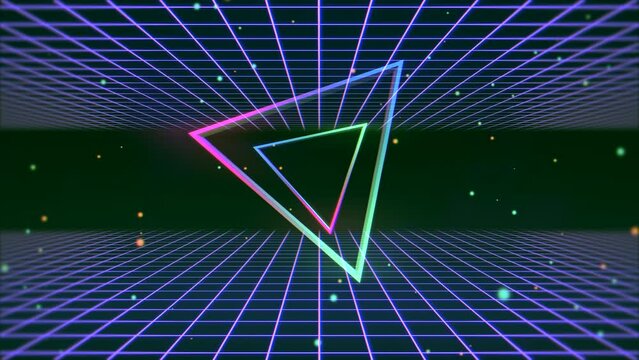 Purple grid with glitters and neon triangles in 80s style, motion abstract cyber, futuristic and retro style background