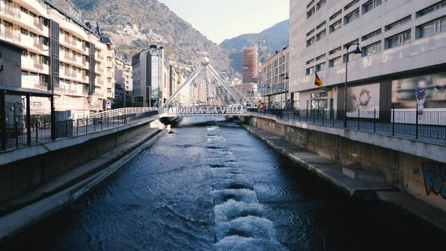 Town centre Andorra la Vella, bridge over the Valira River, the Pyrenees.View from the bridge over the town centre of Andorra la Vella the capital of Andorra in Europe, winter 2022