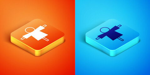 Isometric Scarecrow icon isolated on orange and blue background. Vector