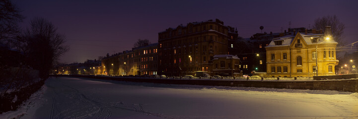 Russia, St. Petersburg, Moika River embankment on a winter night.