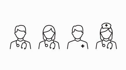 Doctor and nurse icon set. Vector isolated editable black and white illustration set