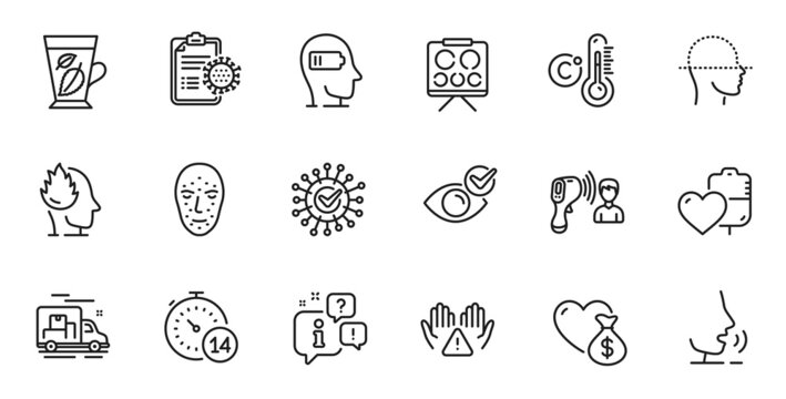 Outline set of Face biometrics, Blood and Mint leaves line icons for web application. Talk, information, delivery truck outline icon. Include Quarantine, Clean hands, Check eye icons. Vector
