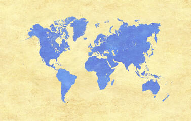 Blue World Map on yellow paper parchment background