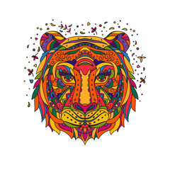 Abstract Tiger head. Vector coloring page in doodle style isolated  on a white background.