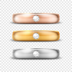 Vector 3d Realistic Gold and Silver Metal Wedding Ring with Gemstone, Diamond Icon Set Closeup Isolated. Design Template of Shiny Golden Rings. Clipart, Mockup. Side, Front View