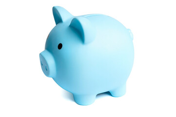 Blue plastic piggy bank isolated on a white background