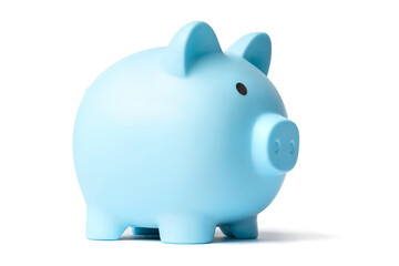 Blue plastic piggy bank isolated on a white background, side view