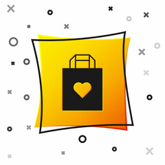 Black Shopping bag with heart icon isolated on white background. Shopping bag shop love like heart icon. Valentines day symbol. Yellow square button. Vector