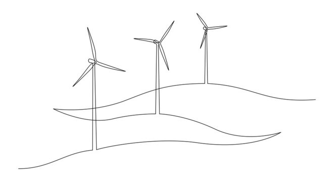 One continuous line drawing of Wind turbines and windmill among hilly landscape. Green energy and renewable source of power concept in simple linear style. Editable stroke. Doodle vector illustration